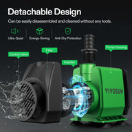 VIVOSUN 24W submersible water pump disassembled showing filter, impeller, and pump housing. Detachable design.