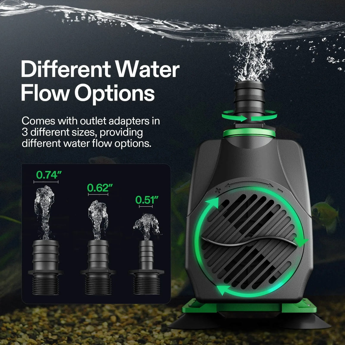 VIVOSUN submersible water pump with 3 outlet adapters for different flow options: 0.74", 0.62", and 0.51".