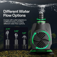VIVOSUN submersible water pump with 3 outlet adapters for different flow options: 0.74