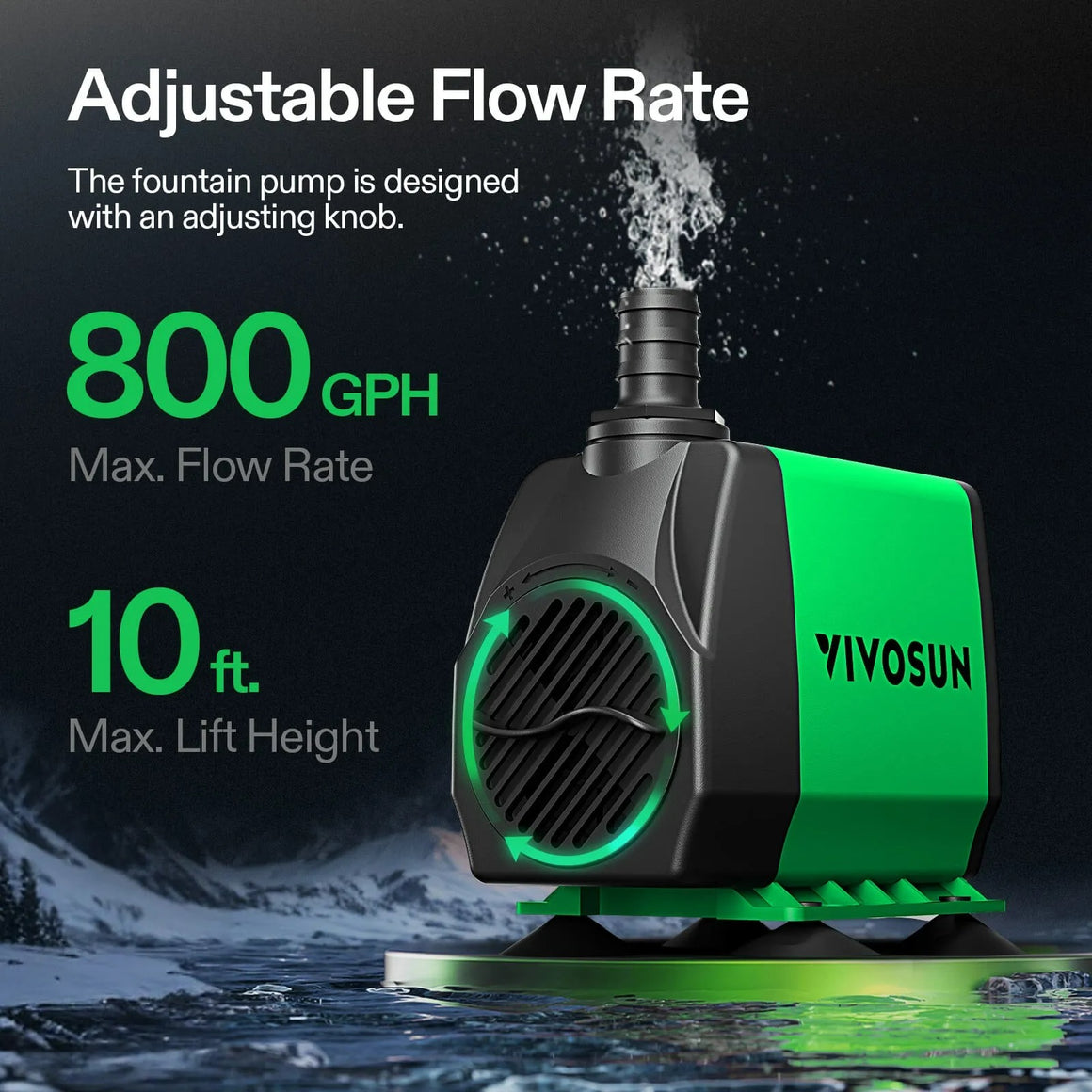 Vivosun submersible water pump, 800 GPH max flow, 10 ft max lift.