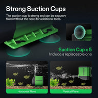 VIVOSUN submersible water pump with 5 strong suction cups shown in horizontal and vertical tank planes.