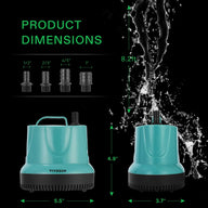 VIVOSUN 40W submersible water pump with product dimensions and water spray.