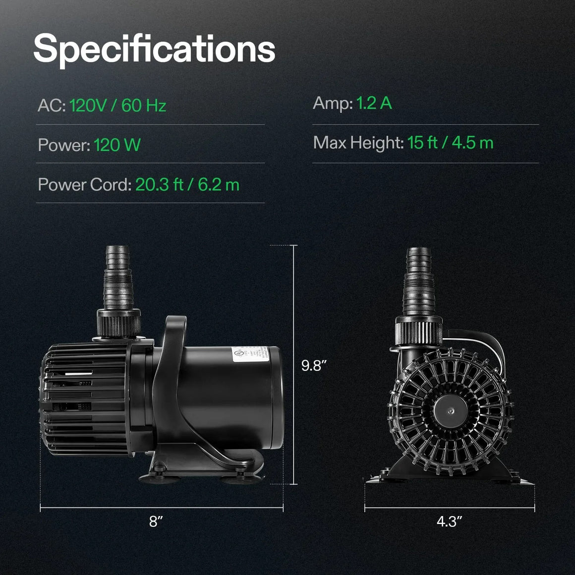 Vivosun 120W submersible water pump specs: 120V, 1.2A, 20.3 ft cord, 15 ft max height, 8" L x 9.8" H x 4.3" W.