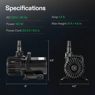 Vivosun 120W submersible water pump specs: 120V, 1.2A, 20.3 ft cord, 15 ft max height, 8