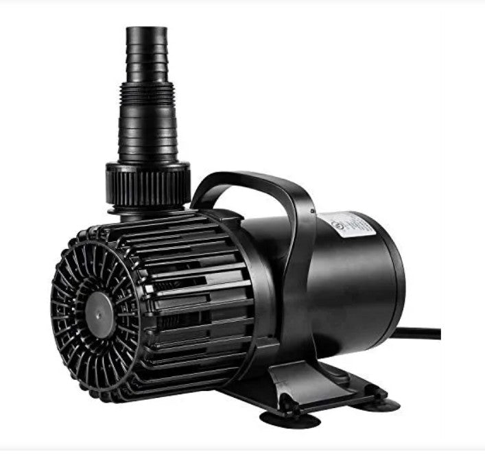 Black Vivosun 120W submersible water pump with ribbed hose adapter and carrying handle.