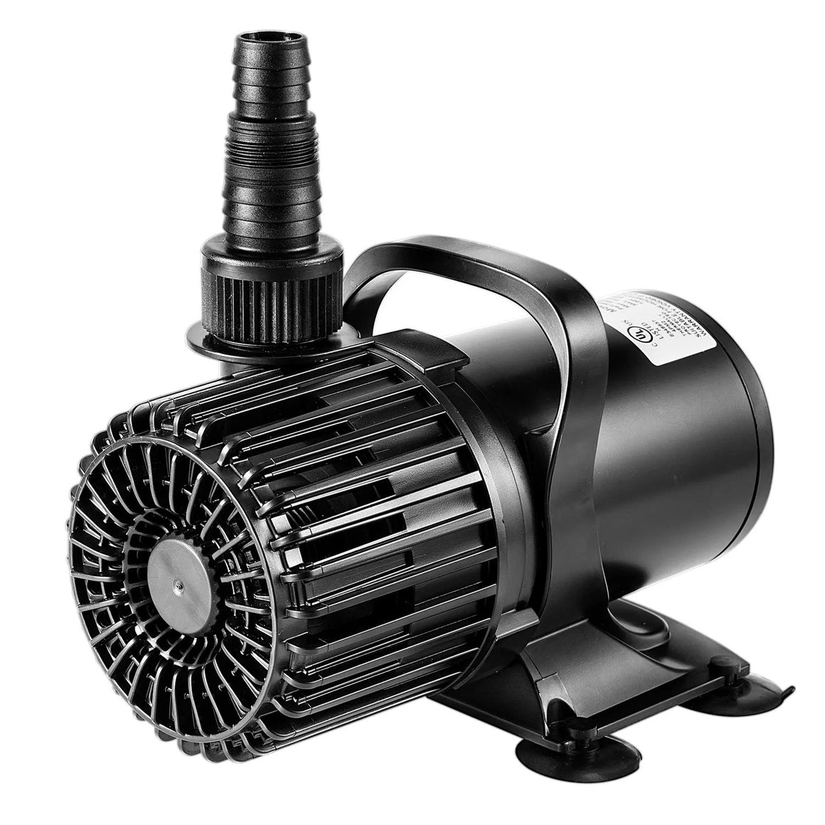 Black submersible water pump with ribbed hose fitting, large intake grate, carrying handle, and suction cup base.