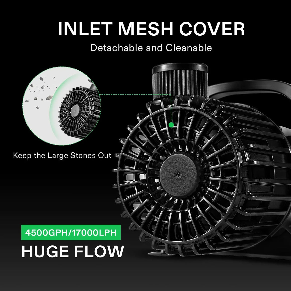Vivosun 220W submersible water pump features an inlet mesh cover and HUGE FLOW 4500GPH/17000LPH.