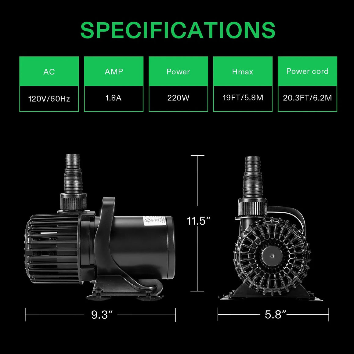 VIVOSUN 220W submersible water pump with 19FT max head, 120V/60Hz, 1.8A, 20.3FT cord.