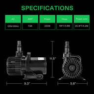 VIVOSUN 220W submersible water pump with 19FT max head, 120V/60Hz, 1.8A, 20.3FT cord.