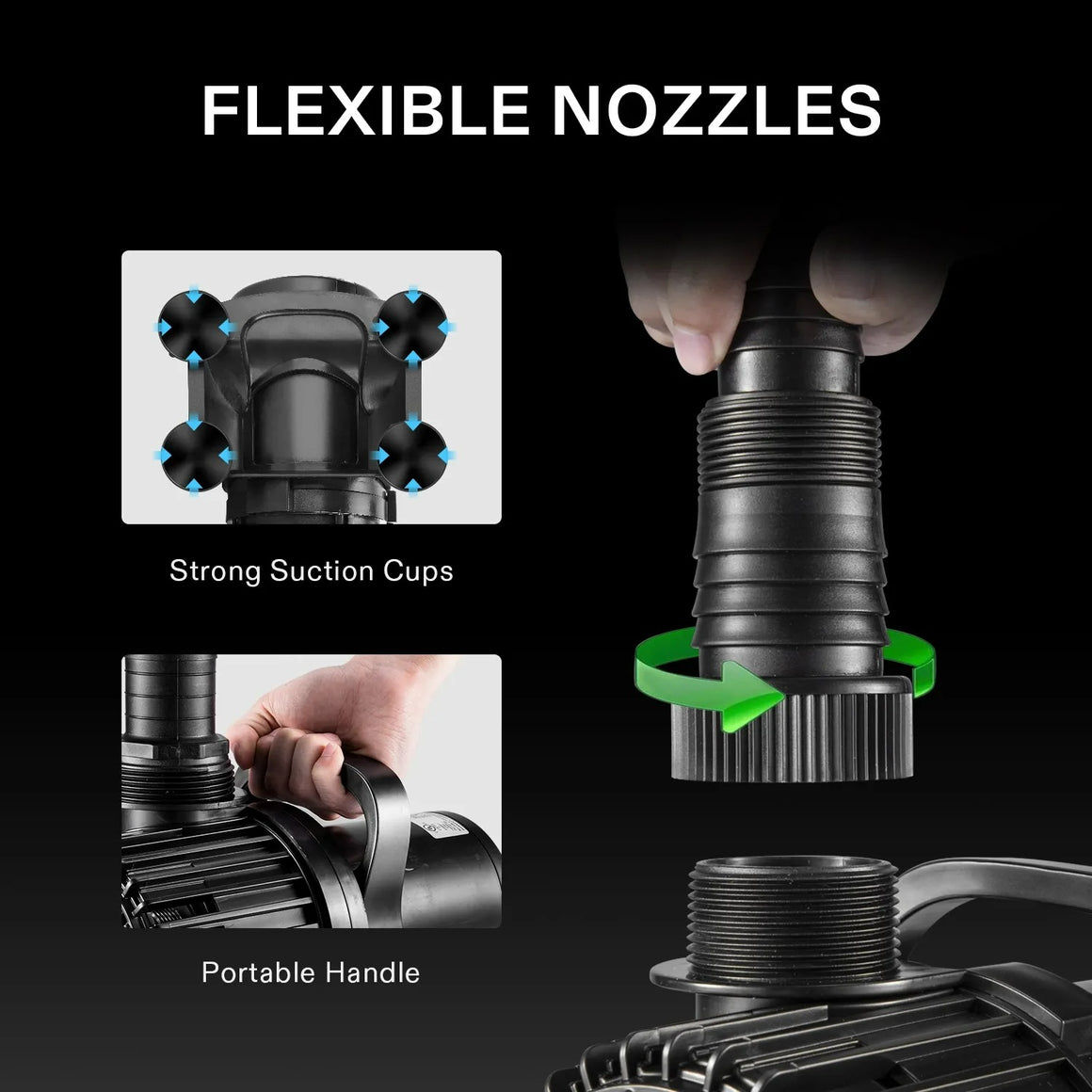 Vivosun 220W submersible water pump with flexible nozzles, strong suction cups, and portable handle.