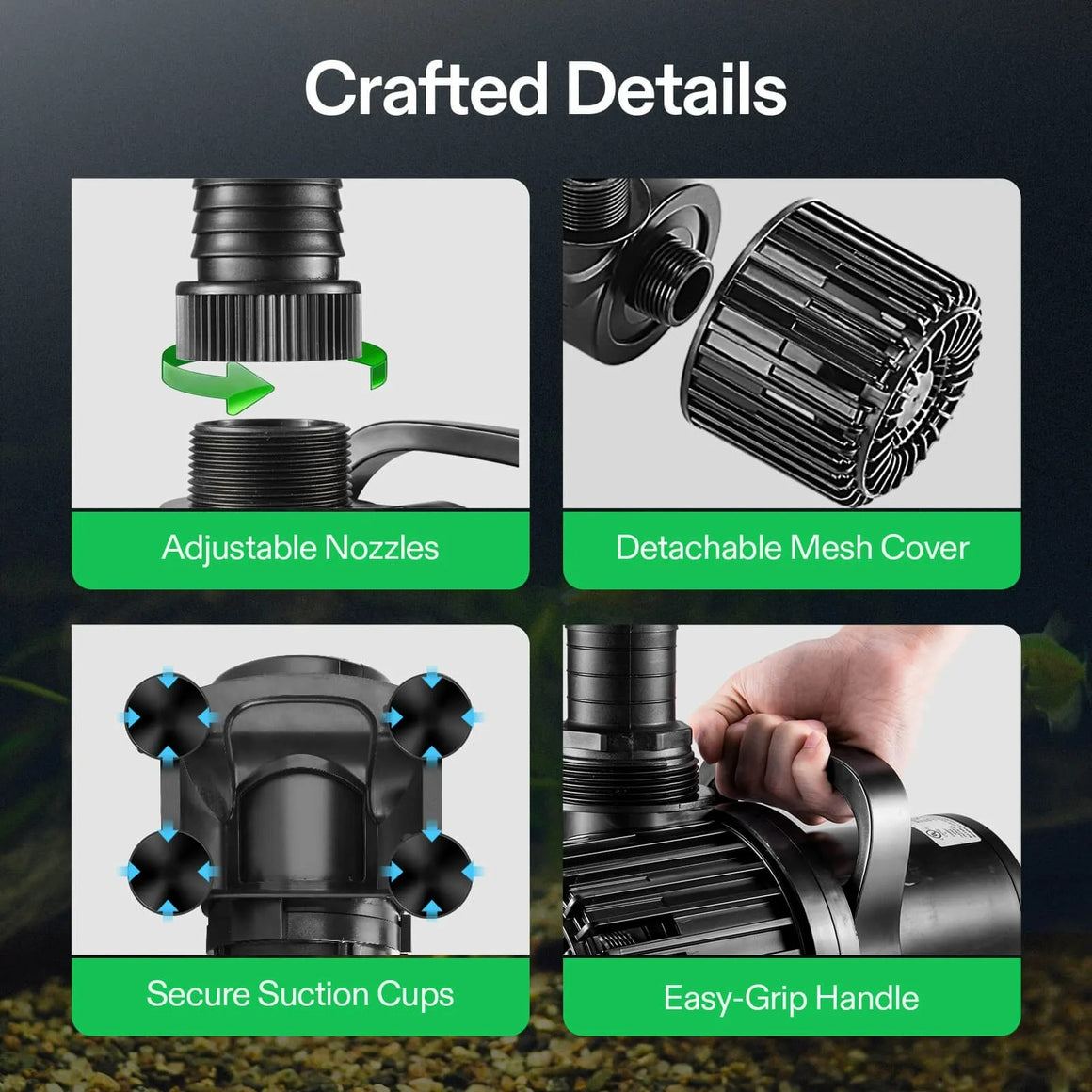 Vivosun submersible water pump with adjustable nozzles, detachable mesh cover, secure suction cups, and easy-grip handle.