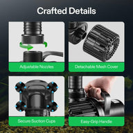 Vivosun submersible water pump with adjustable nozzles, detachable mesh cover, secure suction cups, and easy-grip handle.