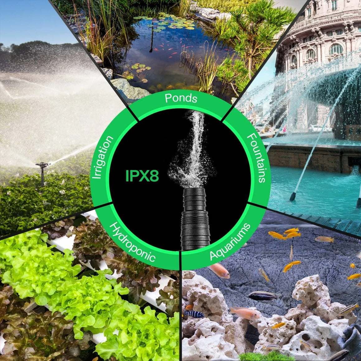 Vivosun submersible water pump: IPX8 rated, ideal for ponds, fountains, irrigation, hydroponics, and aquariums.