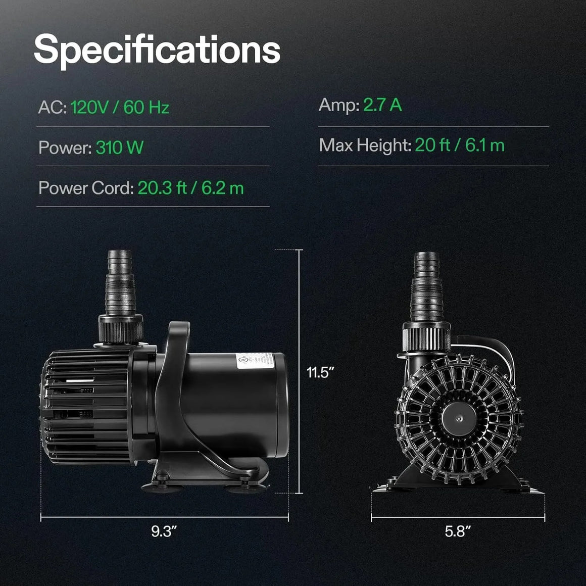 Vivosun 310W submersible water pump with dimensions and electrical specifications.