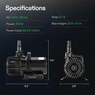 Vivosun 310W submersible water pump with dimensions and electrical specifications.