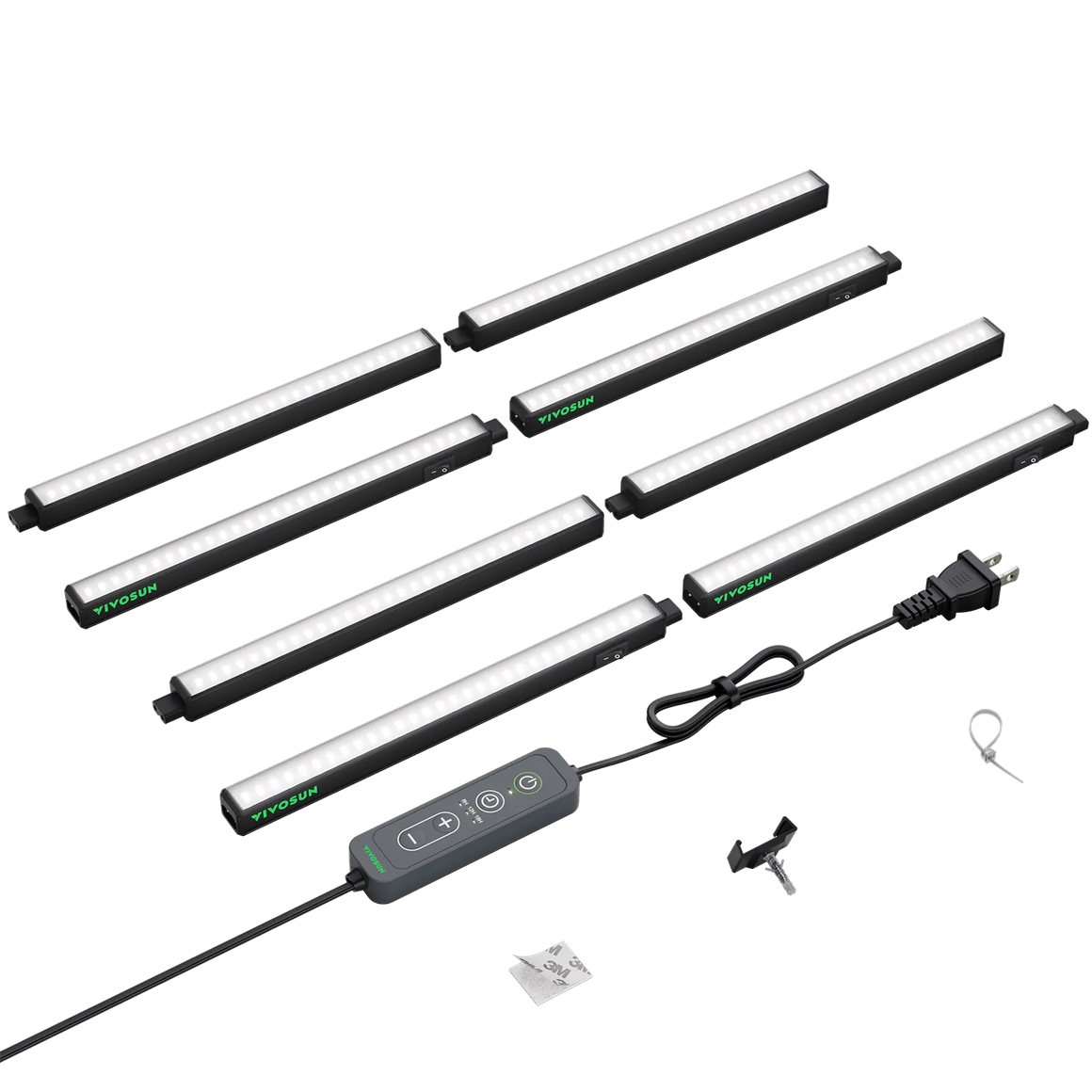 VIVOSUN 8-pack 1ft LED grow lights with dimmer, timer, and power adapter.