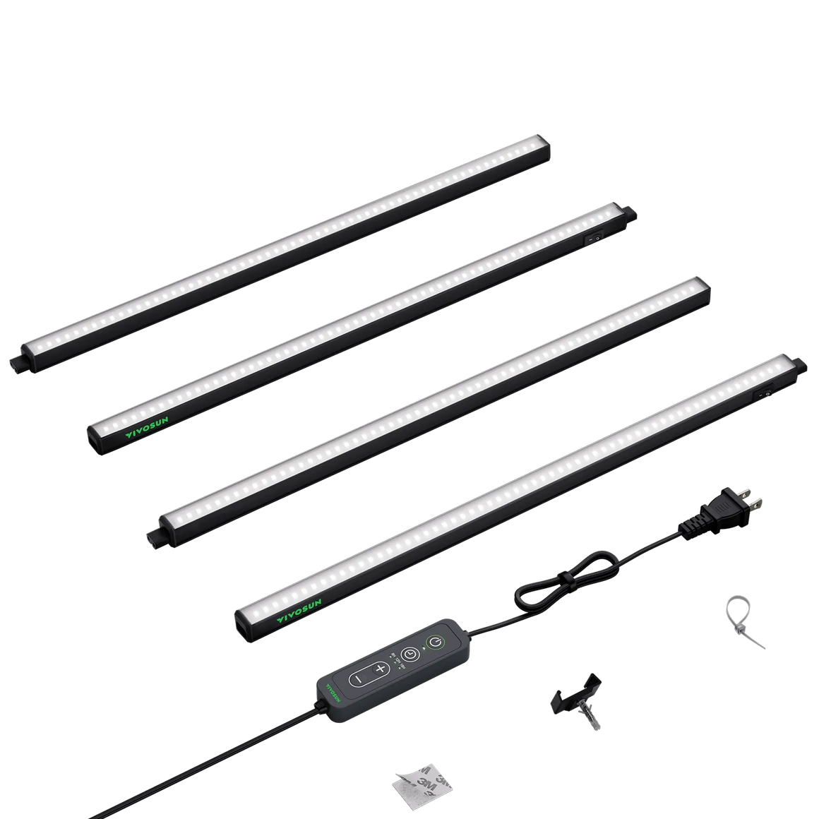 VIVOSUN 1ft LED grow light 4-pack with white LEDs, black frame, power cord, and controller.