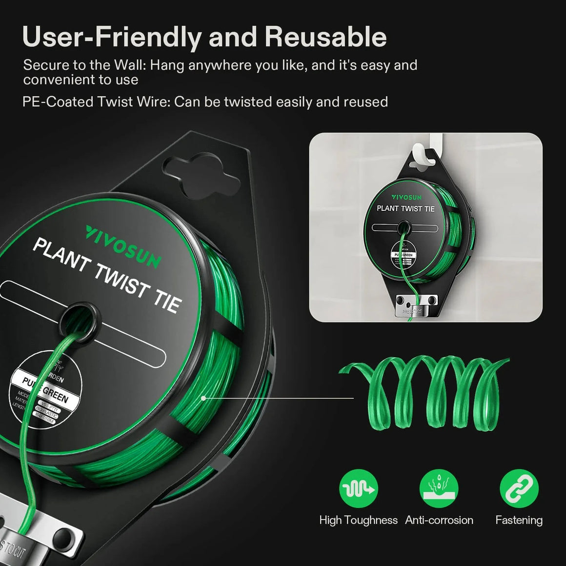 VIVOSUN green plant twist tie with dispenser. High toughness, anti-corrosion, fastening.