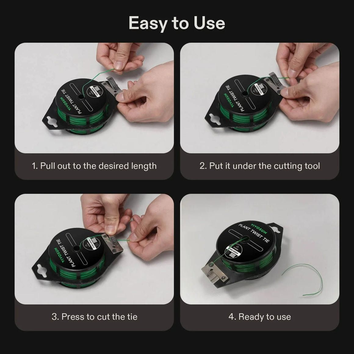VIVOSUN plant twist tie dispenser with green wire in four steps: pull, place under cutter, cut, and ready to use.