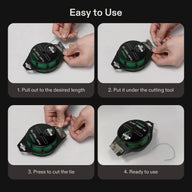 VIVOSUN plant twist tie dispenser with green wire in four steps: pull, place under cutter, cut, and ready to use.
