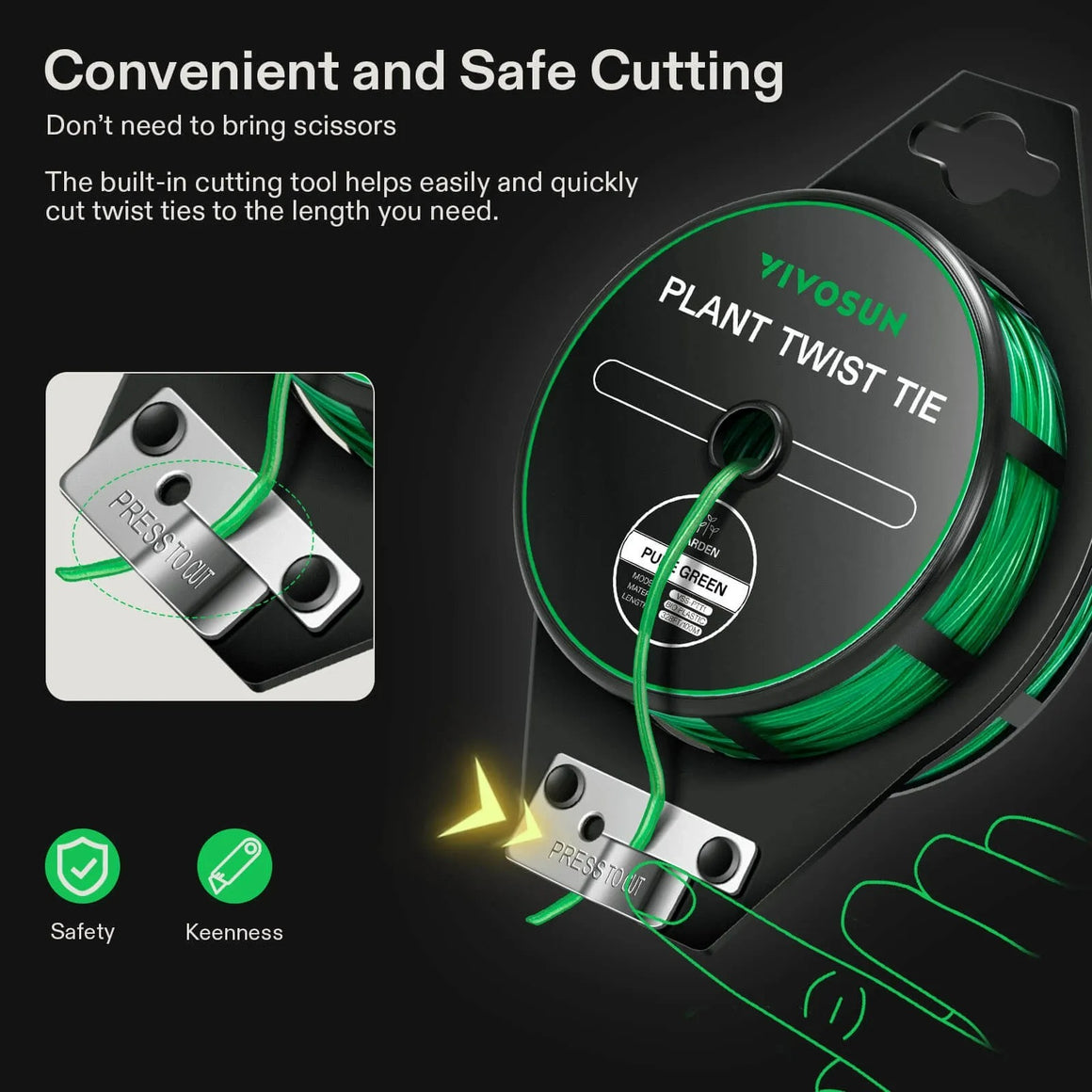 VIVOSUN plant twist tie dispenser with built-in cutter. Green tie spool.