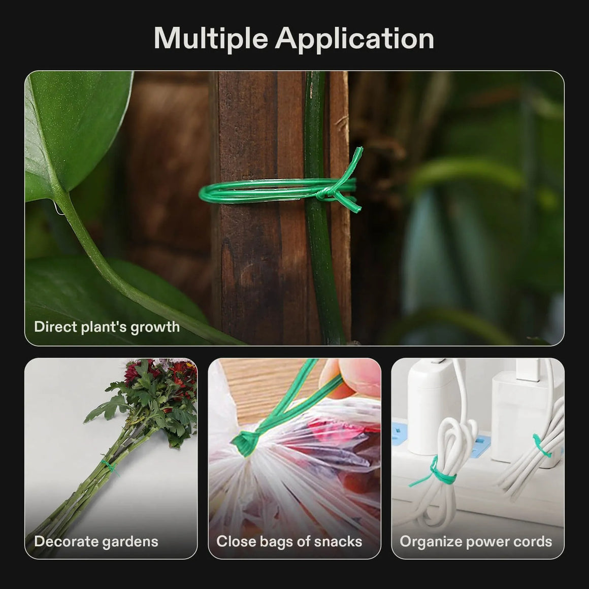 Green twist ties used to secure plants, close snack bags, and organize power cords.