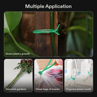 Green twist ties used to secure plants, close snack bags, and organize power cords.