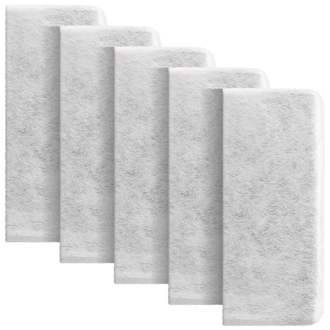 Set of five white activated carbon replacement filters with soft edges.