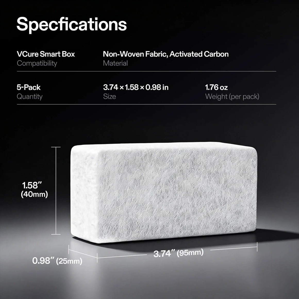 White activated carbon filter, 3.74" x 1.58" x 0.98", for V-Cure Smart Box.