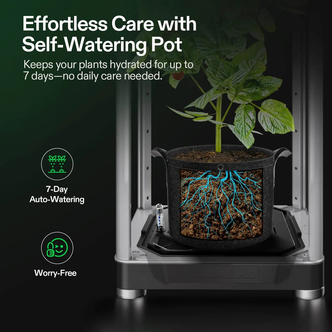 Vivosun self-watering pot with a plant, showing roots absorbing water for effortless plant care.