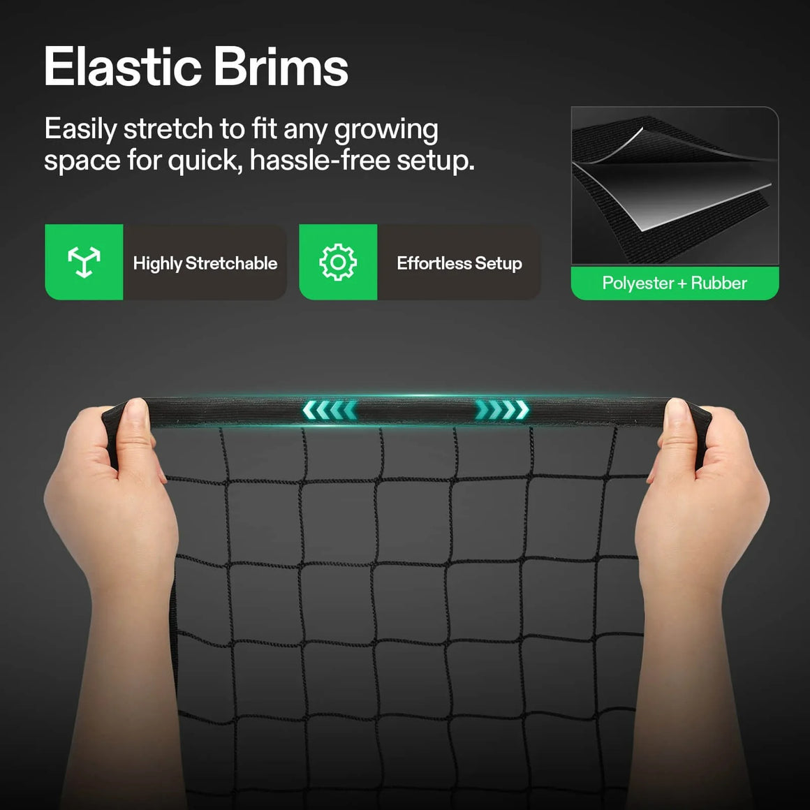 Hands stretch a black mesh net with "Elastic Brims" text and graphics.