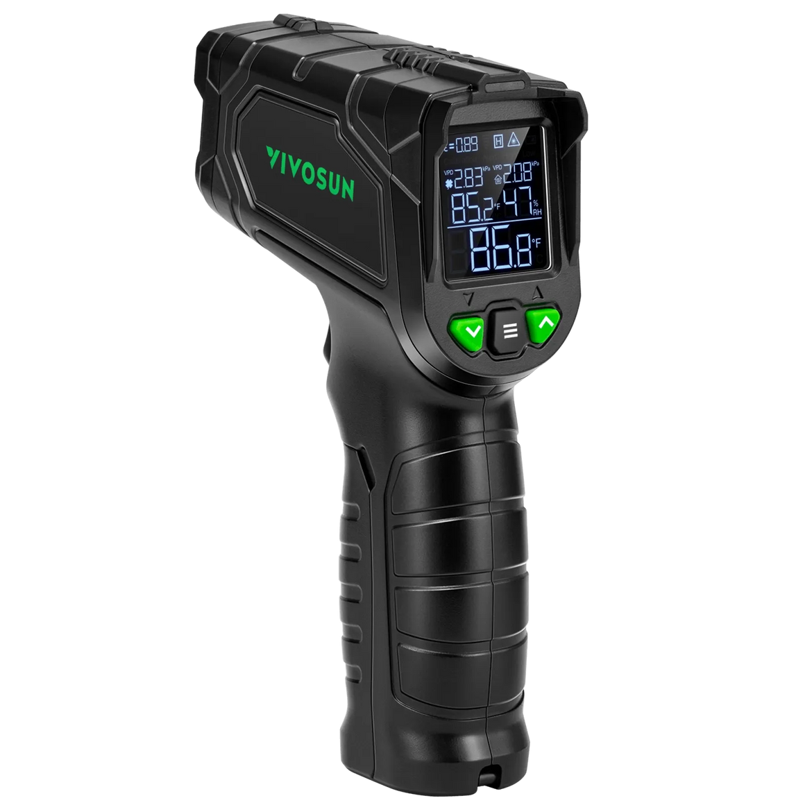 Black VIVOSUN IR thermometer with digital display showing temperature and humidity readings.