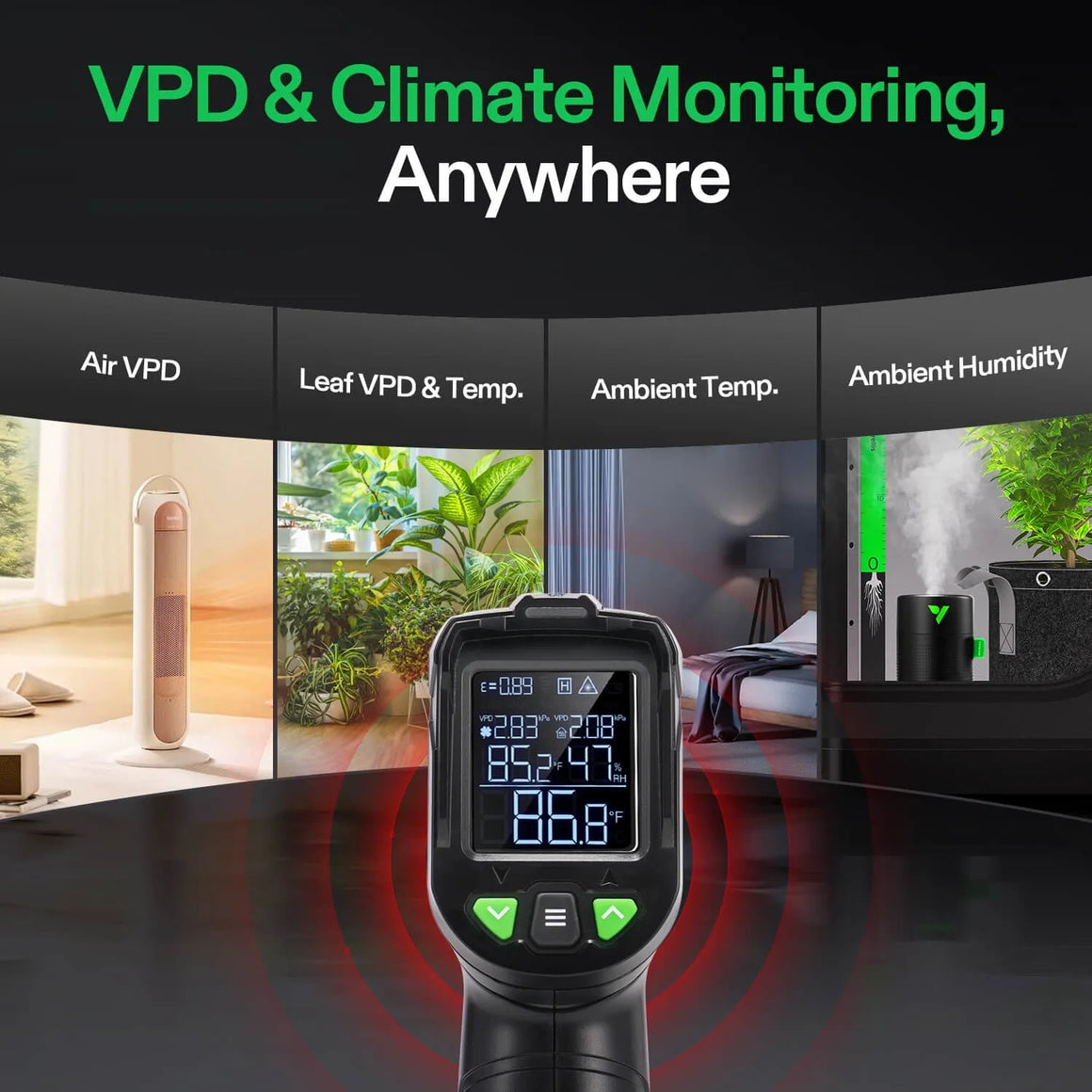 Black infrared thermometer displays VPD, temp, and humidity for plants. Images show air, leaf VPD, and ambient conditions.