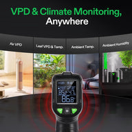 Black infrared thermometer displays VPD, temp, and humidity for plants. Images show air, leaf VPD, and ambient conditions.