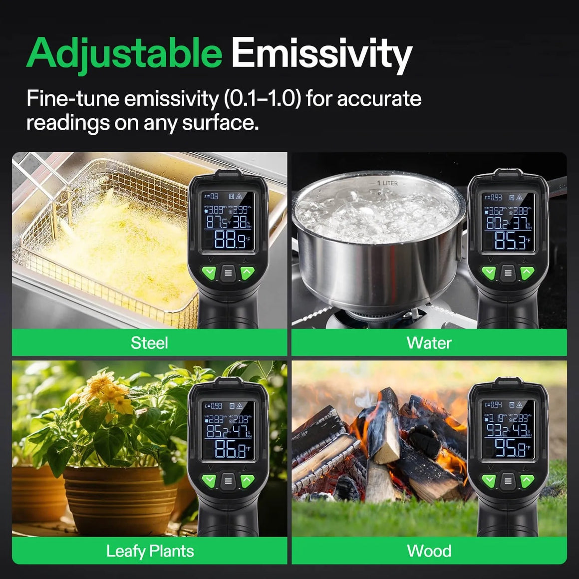 Vivosun VPD thermometer displays temperature readings on steel, water, leafy plants, and wood.