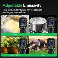 Vivosun VPD thermometer displays temperature readings on steel, water, leafy plants, and wood.