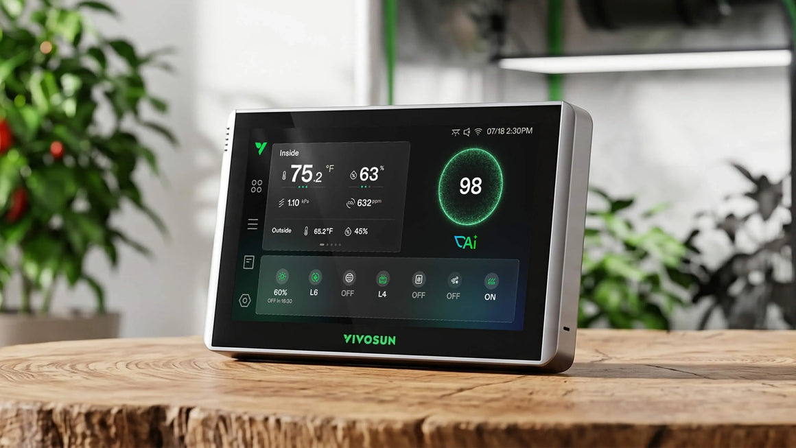 Vivosun VPD thermometer displays inside temps 75.2°F, 63% humidity. Outside 65.2°F. 98 CO2.