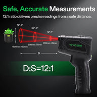 Vivosun thermometer with 12:1 D:S ratio, showing beam cones for distance measurements.