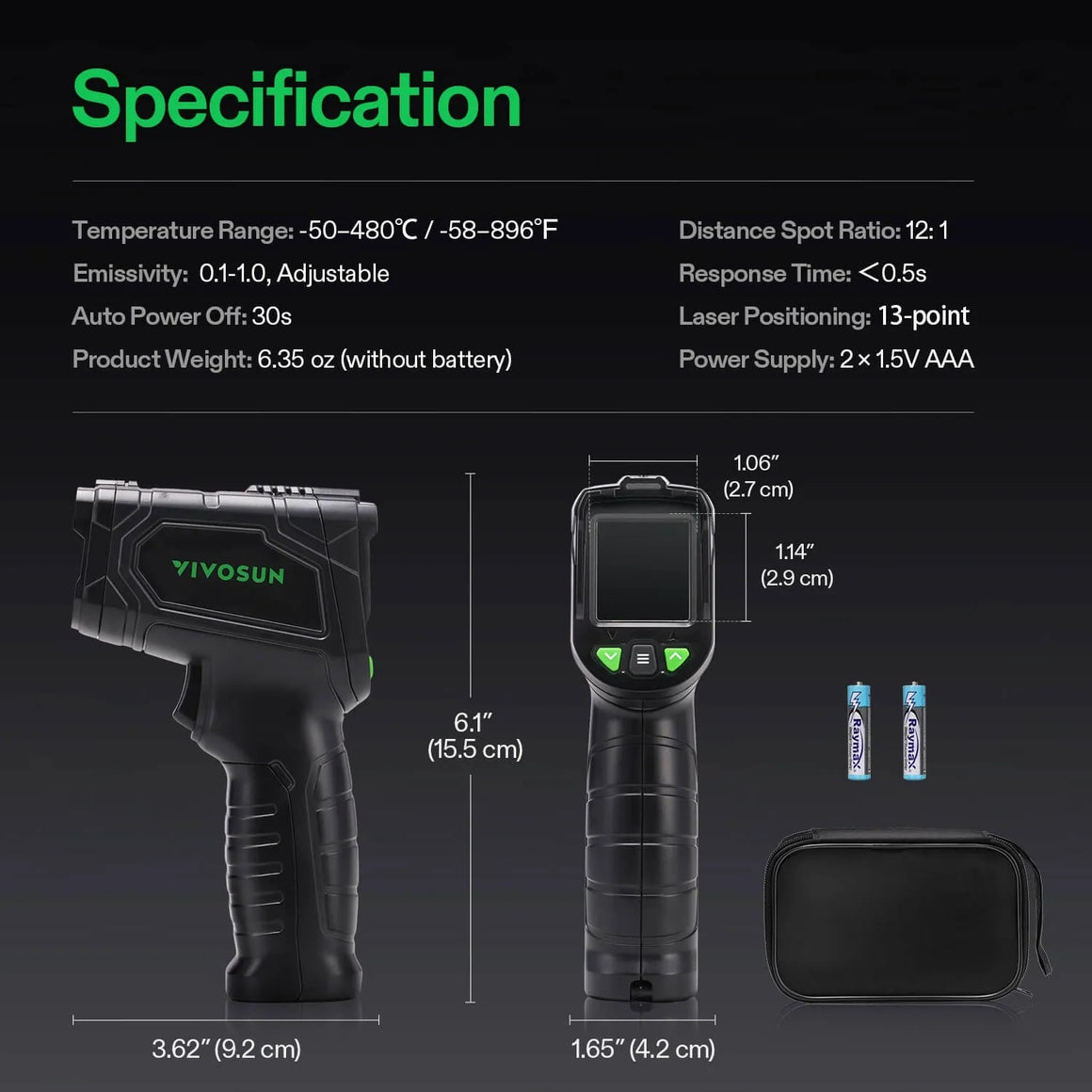 Vivosun infrared thermometer: specs, dimensions, and accessories including batteries and carrying case.