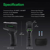 Vivosun infrared thermometer: specs, dimensions, and accessories including batteries and carrying case.