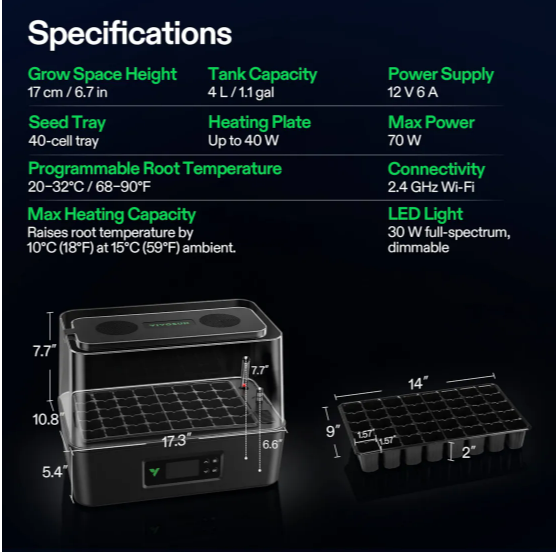 Vivosun S40 Smart Seeding Box specs: 7.7" grow height, 4L tank, 40-cell tray, 30W LED.