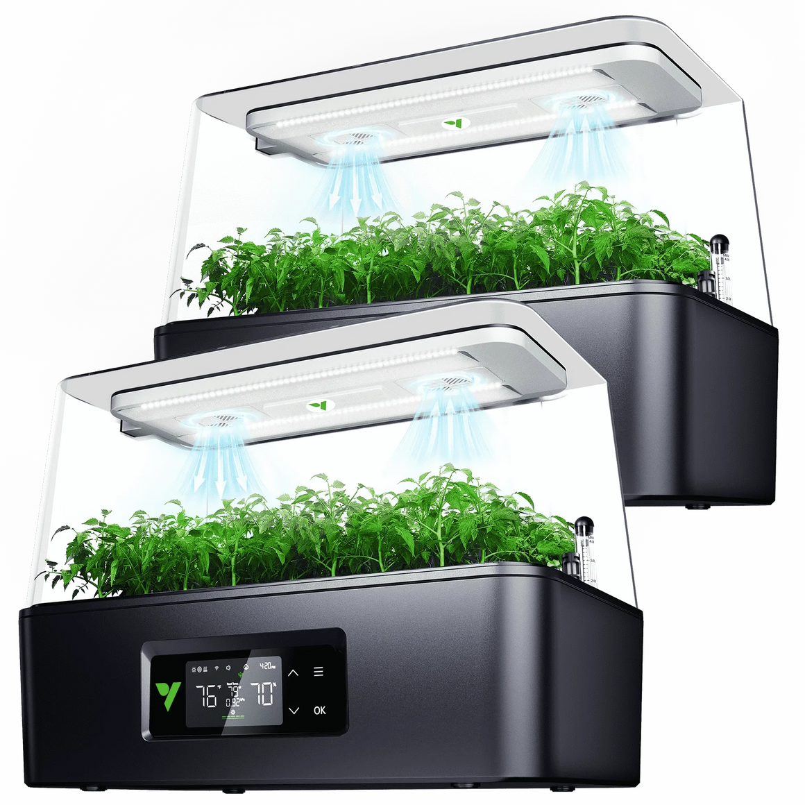Two modern indoor hydroponic garden systems with vibrant green plants under LED grow lights.