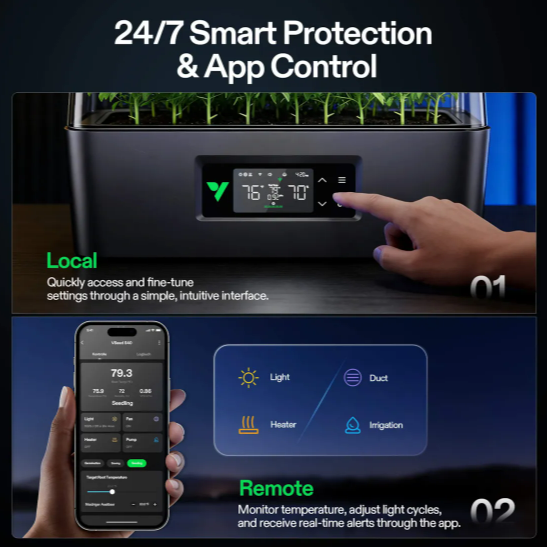 Vivosun S40 smart seeding box: Local touchscreen control and remote app monitoring for light, heater, irrigation, and duct.