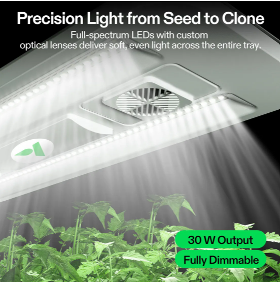 VIVOSUN S40 grow light with full-spectrum LEDs and optical lenses over seedlings. 30W output, dimmable.