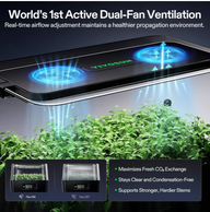 Vivosun smart seedling box with dual-fan ventilation system creating airflow for plant growth.