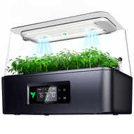 A smart hydroponic garden with thriving green tomato seedlings under LED grow lights.