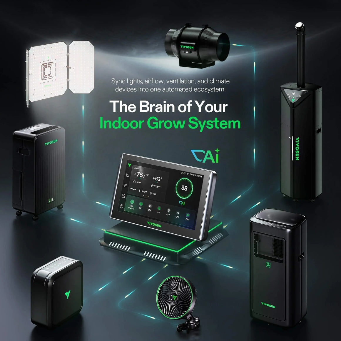 Vivosun AI grow tent controller with lights, fan, humidifier, and ventilation.