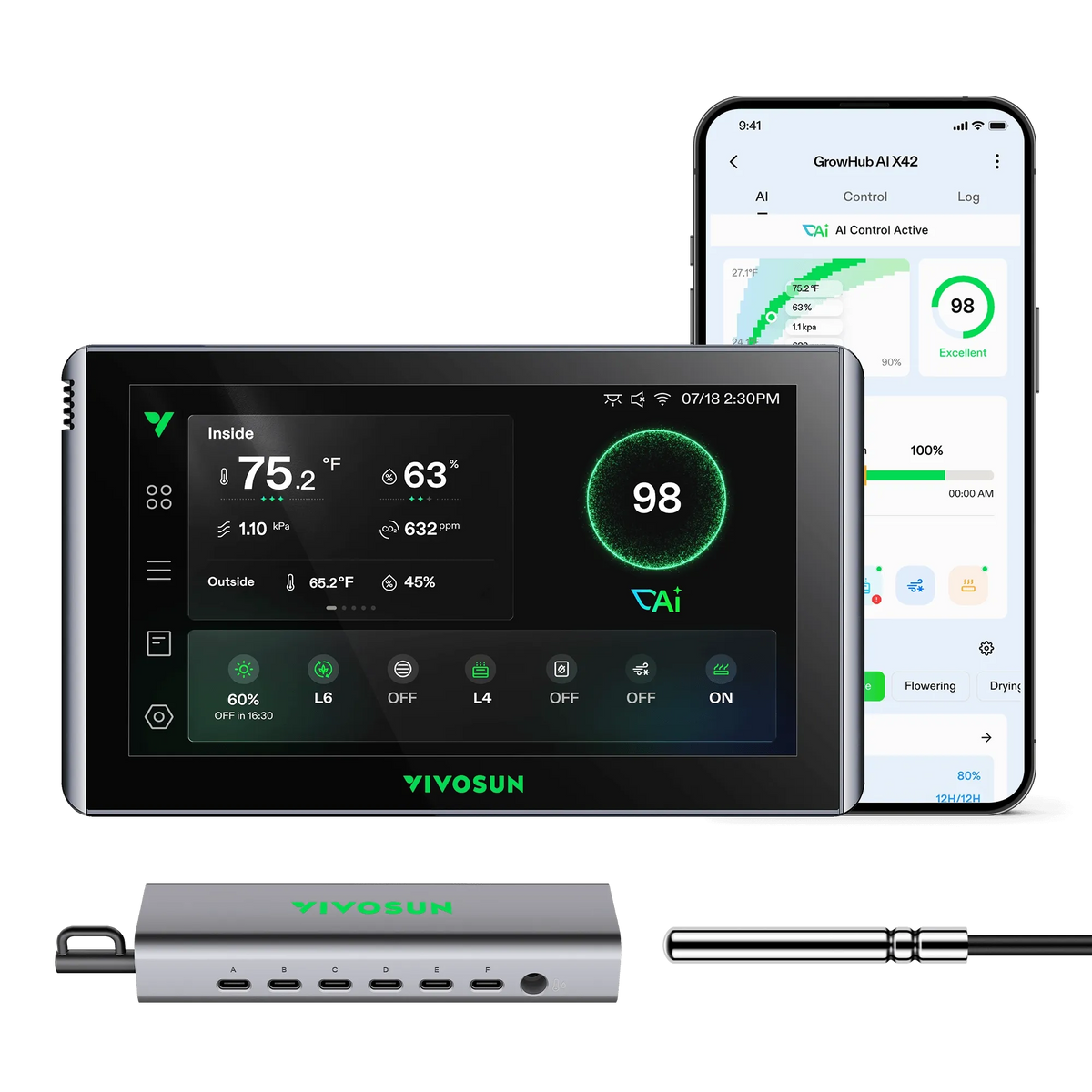 Vivosun X42 Grow Tent Controller with touchscreen display and phone app.