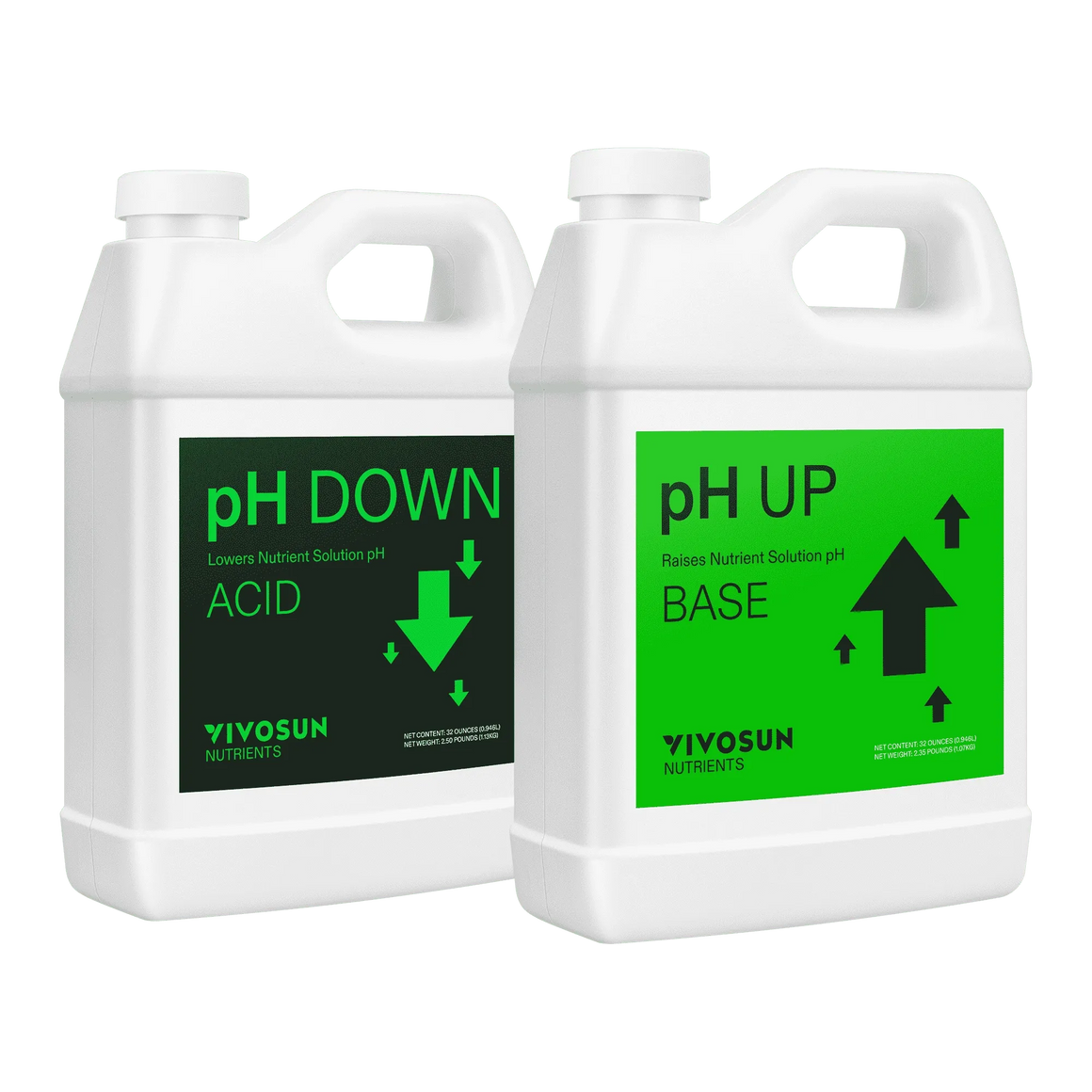 Two VIVOSUN brand white plastic jugs, one labeled "pH DOWN ACID", the other "pH UP BASE".