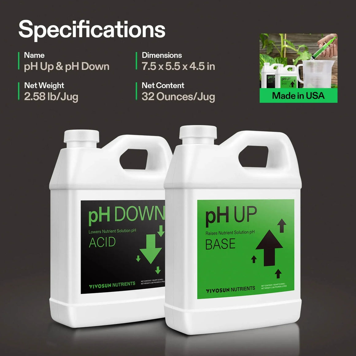 VIVOSUN pH UP & pH DOWN nutrient solutions in white jugs with green labels. Made in USA.